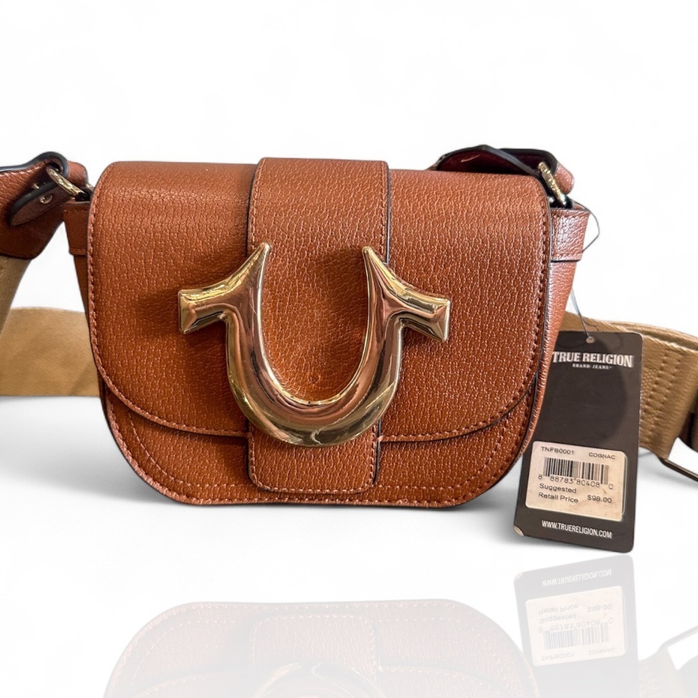 True Religion Cognac Brown Mini Crossbody Bag Gold Horseshoe​